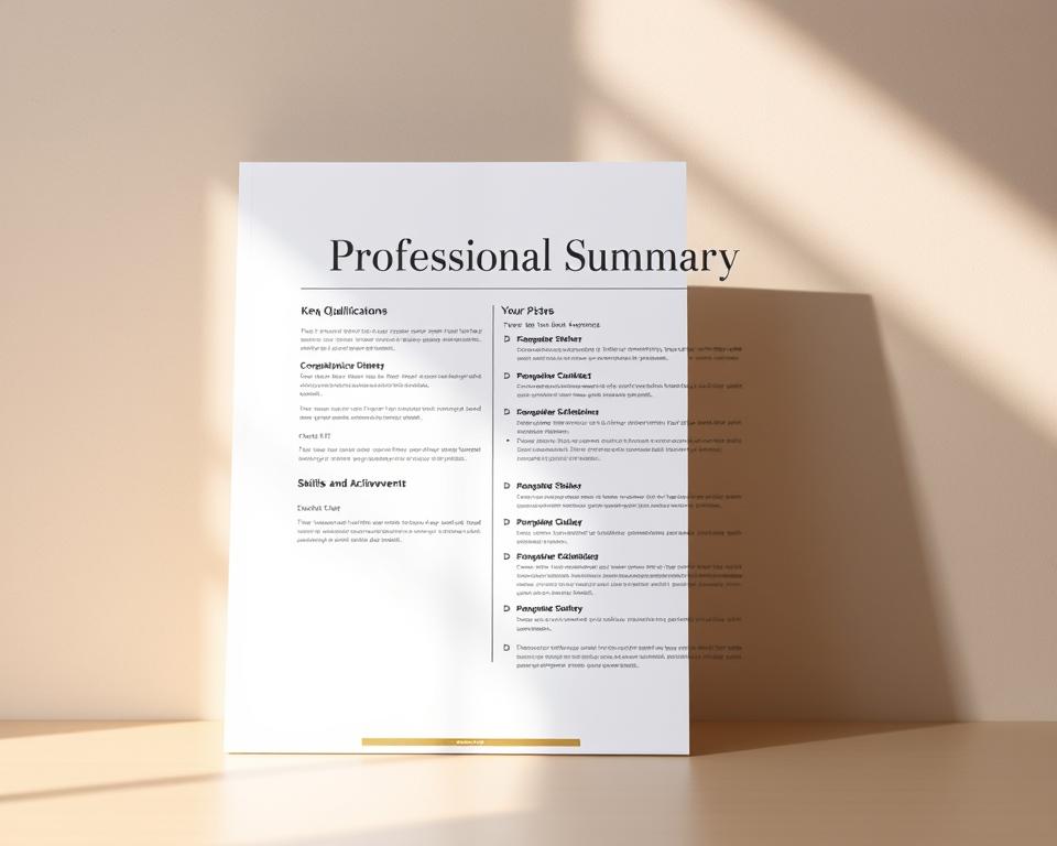 Um documento comercial de aspeto profissional com uma disposição limpa e minimalista. Em primeiro plano, um título nítido e elegante "Resumo profissional" destaca-se num fundo neutro. No centro, o documento apresenta pontos bem organizados que destacam as principais qualificações, competências e realizações. O fundo apresenta um padrão suave e texturado que acrescenta profundidade e sofisticação. A iluminação quente e natural emite um brilho subtil, criando uma atmosfera profissional e polida. A composição geral transmite uma sensação de clareza, concisão e atenção aos pormenores - qualidades essenciais para um resumo profissional com impacto.