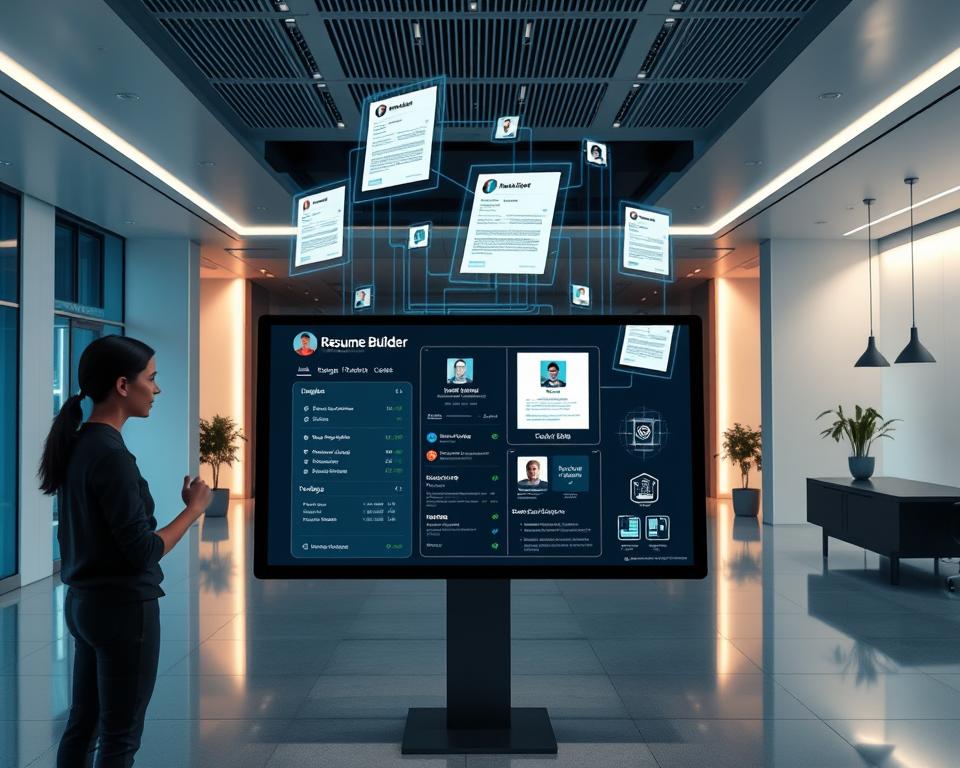 A sleek, modern office space with a large interactive touchscreen display at the center, showcasing an AI-powered resume builder interface. In the foreground, a person interacts with the display, customizing their resume details. The middle ground features several holographic projections of resumes and job applications floating in the air, suggesting the advanced AI-driven nature of the process. The background incorporates a minimalist, futuristic decor with clean lines, ambient lighting, and subtle nods to emerging technologies. The overall atmosphere conveys a sense of efficiency, innovation, and the seamless integration of AI in the job application workflow.