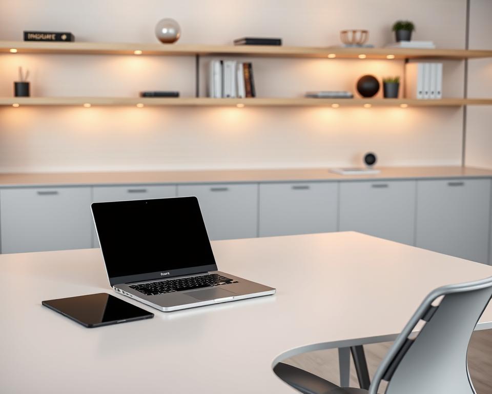 A sleek, modern office setting with a stylish desk and ergonomic chair. On the desk, a laptop displays a resume-building interface, its screen illuminated by warm, diffused lighting. Beside the laptop, a tablet and stylus rest, suggesting seamless integration of digital and analog tools. The background features minimalist shelves displaying industry-relevant books and accessories, creating a professional, technology-forward atmosphere. The overall composition conveys an efficient, AI-powered approach to crafting a custom, tailored resume.