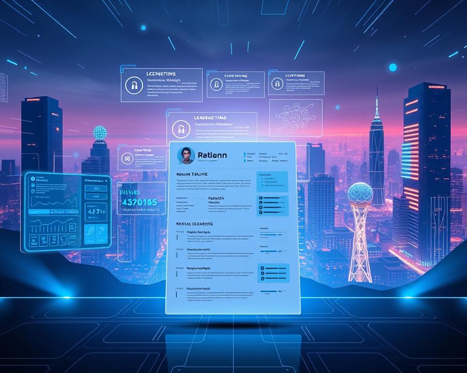 Eine dynamische und elegante digitale Landschaft, die die Zukunft der KI-gestützten Automatisierung von Lebensläufen zeigt. Im Vordergrund schwebt eine futuristische Lebenslaufvorlage vor einem Hintergrund aus futuristischen UI-Elementen, eleganten Datenvisualisierungen und modernster Technologie. Subtile Blau- und Grautöne vermitteln ein Gefühl von Innovation und Fortschritt. Im Mittelgrund befinden sich holografische Projektionen, die personalisierte Karriereeinblicke und Jobempfehlungen zeigen, während der Hintergrund eine Stadtlandschaft mit hoch aufragenden Wolkenkratzern und einer pulsierenden, technologieorientierten Skyline darstellt. Klare, kontrastreiche Beleuchtung erhellt die Szene und schafft eine beeindruckende und eindringliche Vision der Fortschritte in der KI-gesteuerten Lebenslaufautomatisierung.