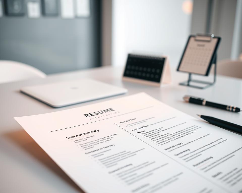 Um resumo de currículo elegante e minimalista apresentado numa configuração de ambiente de trabalho minimalista. Em primeiro plano, um papel de currículo branco com títulos de emprego, realizações e competências bem organizados, realçados por uma iluminação quente e direcional. No centro, um espaço de trabalho simples com um portátil preto, uma caneta e um calendário de secretária elegante a preto e branco. No fundo, um ambiente de escritório desfocado com linhas simples e cores suaves, transmitindo uma sensação de profissionalismo e concentração. O ambiente geral é de eficiência, clareza e confiança.