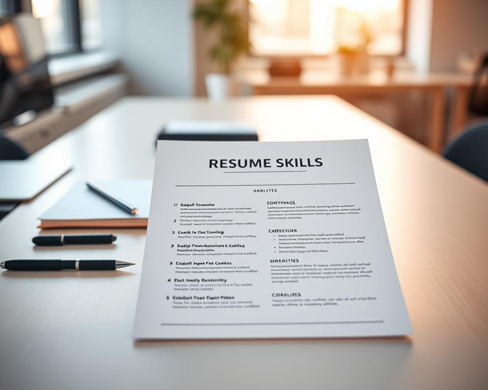 A beautifully designed resume skills section, showcased on a minimalist office desk. In the foreground, a clean, elegant template with carefully curated skills, highlighted by a warm, natural lighting from a window to the side. In the middle ground, office supplies like a pen, a notebook, and a laptop create a professional atmosphere. The background is a blurred, modern office setting, conveying a sense of productivity and focus. The overall mood is one of thoughtfulness, organization, and attention to detail - essential qualities for an impactful skills section that compellingly represents the applicant's capabilities.