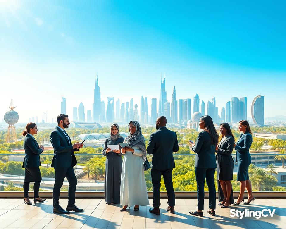 A futuristic city landscape representing Saudi Arabia's job market vision for 2030. In the foreground, a diverse group of professionals in smart business attire engage in discussions, holding digital tablets and resumes, symbolizing the emerging industries. The middle ground features innovative technology hubs and modern buildings showcasing renewable energy and tech companies. The background displays a skyline with iconic Saudi architecture alongside green spaces, emphasizing sustainability. Bright, optimistic daylight illuminates the scene, creating an inspiring atmosphere. The lens captures the action from a slightly elevated angle, enhancing depth. Include subtle branding elements of "StylingCV" integrated into the environment, ensuring they are seamlessly blended without overt prominence. A futuristic city landscape representing Saudi Arabia's job market vision for 2030. In the foreground, a diverse group of professionals in smart business attire engage in discussions, holding digital tablets and resumes, symbolizing the emerging industries. The middle ground features innovative technology hubs and modern buildings showcasing renewable energy and tech companies. The background displays a skyline with iconic Saudi architecture alongside green spaces, emphasizing sustainability. Bright, optimistic daylight illuminates the scene, creating an inspiring atmosphere. The lens captures the action from a slightly elevated angle, enhancing depth. Include subtle branding elements of "StylingCV" integrated into the environment, ensuring they are seamlessly blended without overt prominence.