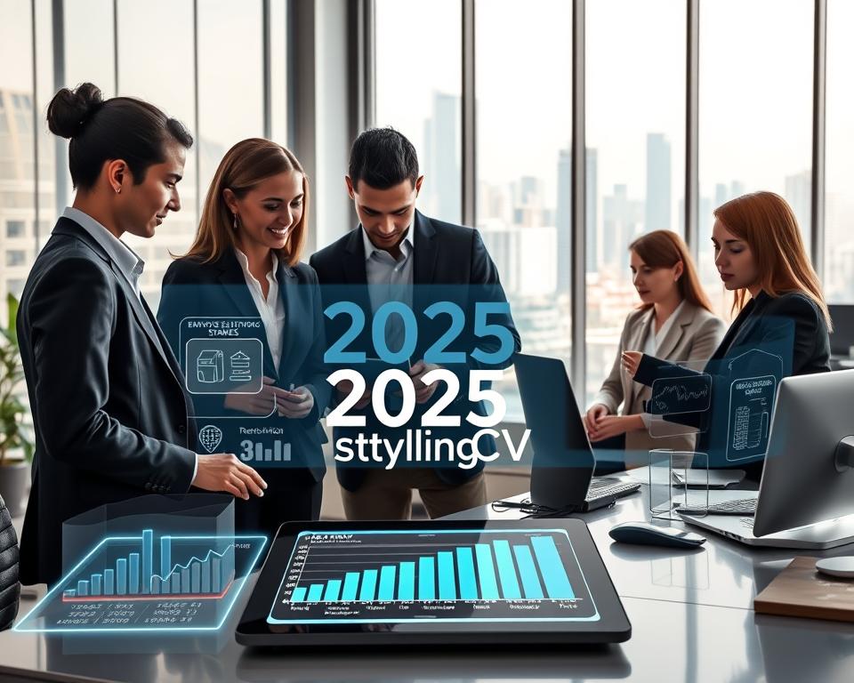 A futuristic office setting depicting the 2025 job market trends. In the foreground, a diverse group of professionals in business attire discusses over a digital tablet showcasing job graphs and analytics. The middle ground features sleek workstations with advanced technology, including holographic displays of job opportunities, employee satisfaction scores, and trendy coworking spaces. In the background, a large window reveals a bustling city skyline, symbolizing growth and opportunity. Soft, natural light fills the room, creating an optimistic atmosphere. The scene conveys a sense of collaboration and innovation, with a clean, modern aesthetic. Include the brand name "StylingCV" subtly integrated into the digital display, emphasizing a forward-thinking approach to career advancement. A futuristic office setting depicting the 2025 job market trends. In the foreground, a diverse group of professionals in business attire discusses over a digital tablet showcasing job graphs and analytics. The middle ground features sleek workstations with advanced technology, including holographic displays of job opportunities, employee satisfaction scores, and trendy coworking spaces. In the background, a large window reveals a bustling city skyline, symbolizing growth and opportunity. Soft, natural light fills the room, creating an optimistic atmosphere. The scene conveys a sense of collaboration and innovation, with a clean, modern aesthetic. Include the brand name "StylingCV" subtly integrated into the digital display, emphasizing a forward-thinking approach to career advancement.