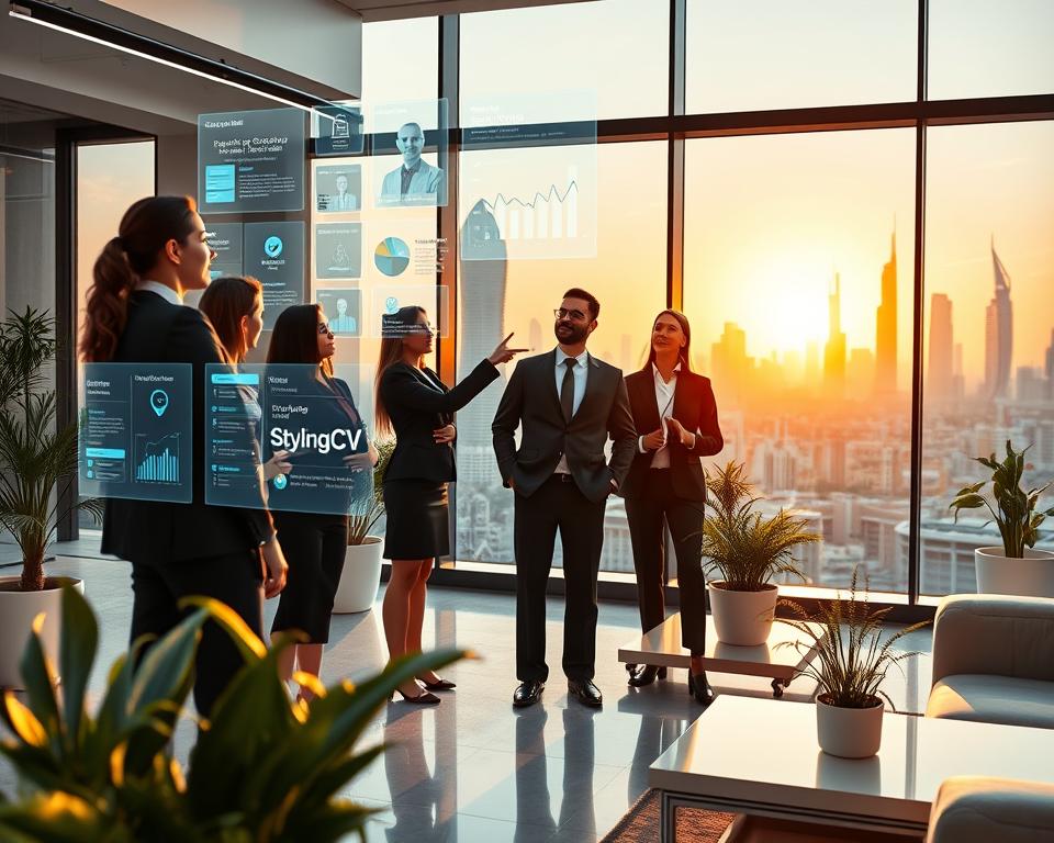 A futuristic office setting showcasing AI innovations in job applications. In the foreground, a diverse group of professionals in smart business attire is actively engaging with holographic displays showing resumes and job listings, with one person pointing at a floating digital interface displaying AI analytics. The middle ground features sleek, modern furniture and potted plants that add a touch of nature. In the background, large windows reveal a skyline of a Middle Eastern city with futuristic architecture, bathed in warm, golden light of sunset, creating a vibrant atmosphere. The image embodies a sense of innovation, collaboration, and opportunity, with the brand "StylingCV" subtly integrated into the digital displays. Capture the scene with a wide-angle lens to enhance the depth and dynamic feel of the space. A futuristic office setting showcasing AI innovations in job applications. In the foreground, a diverse group of professionals in smart business attire is actively engaging with holographic displays showing resumes and job listings, with one person pointing at a floating digital interface displaying AI analytics. The middle ground features sleek, modern furniture and potted plants that add a touch of nature. In the background, large windows reveal a skyline of a Middle Eastern city with futuristic architecture, bathed in warm, golden light of sunset, creating a vibrant atmosphere. The image embodies a sense of innovation, collaboration, and opportunity, with the brand "StylingCV" subtly integrated into the digital displays. Capture the scene with a wide-angle lens to enhance the depth and dynamic feel of the space.
