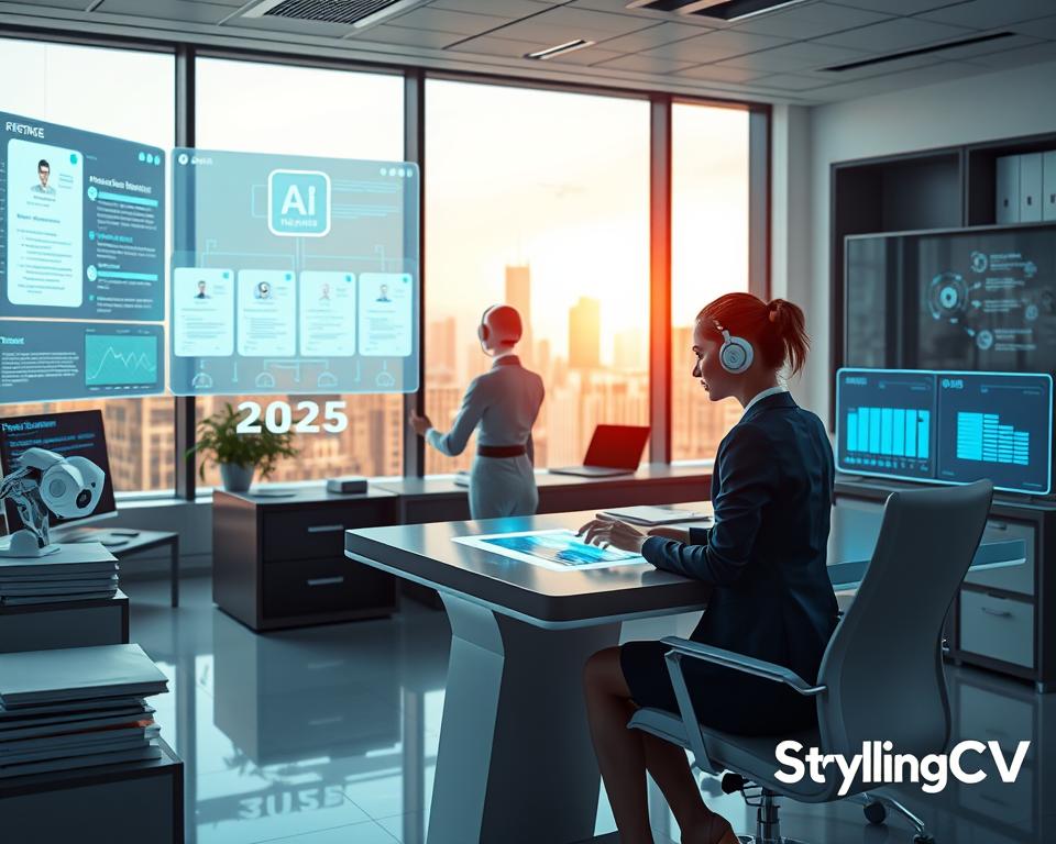 A futuristic office space in 2025, showcasing AI-driven resume writing tools. In the foreground, a professional woman in business attire is seated at a sleek, modern desk, interacting with a holographic interface displaying optimized resumes and data analytics. The middle ground features various digital screens showcasing AI algorithms analyzing and enhancing resumes, while a robotic assistant organizes files. Bright, ambient lighting enhances a collaborative atmosphere, while soft shadows create depth. A large window in the background reveals a vibrant cityscape symbolizing growth and opportunity. The overall mood is innovative and dynamic, emphasizing the role of AI in revolutionizing resume writing. Include the brand name "StylingCV" on one of the digital displays. A futuristic office space in 2025, showcasing AI-driven resume writing tools. In the foreground, a professional woman in business attire is seated at a sleek, modern desk, interacting with a holographic interface displaying optimized resumes and data analytics. The middle ground features various digital screens showcasing AI algorithms analyzing and enhancing resumes, while a robotic assistant organizes files. Bright, ambient lighting enhances a collaborative atmosphere, while soft shadows create depth. A large window in the background reveals a vibrant cityscape symbolizing growth and opportunity. The overall mood is innovative and dynamic, emphasizing the role of AI in revolutionizing resume writing. Include the brand name "StylingCV" on one of the digital displays.