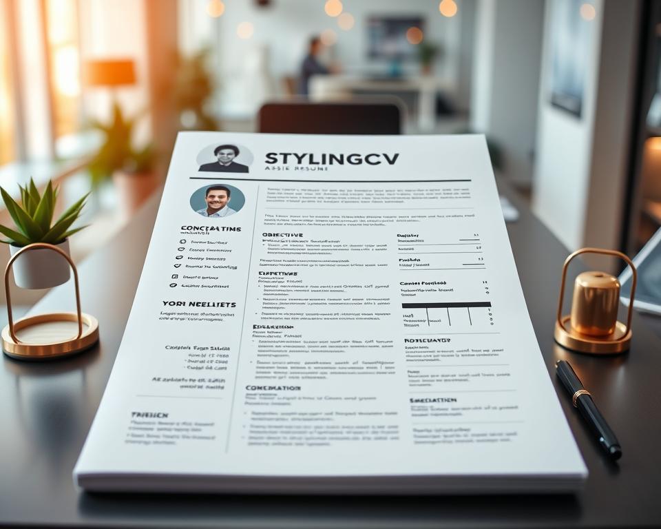 A modern and professional ATS-friendly resume layout displayed prominently, featuring organized sections such as Contact Information, Objective, Work Experience, Education, and Skills, designed specifically for the Saudi job market. The foreground showcases a highly detailed resume template on a sleek desk, surrounded by subtle office decor to denote professionalism. In the background, a soft-focused view of a contemporary office setting with warm, inviting lighting enhances the atmosphere. The image captures a balanced view from a slight overhead angle, emphasizing clarity and structure. The brand name "StylingCV" is artistically integrated into the design of the resume without text overlays. The overall mood is focused and aspirational, inviting job seekers to create a polished and effective resume. A modern and professional ATS-friendly resume layout displayed prominently, featuring organized sections such as Contact Information, Objective, Work Experience, Education, and Skills, designed specifically for the Saudi job market. The foreground showcases a highly detailed resume template on a sleek desk, surrounded by subtle office decor to denote professionalism. In the background, a soft-focused view of a contemporary office setting with warm, inviting lighting enhances the atmosphere. The image captures a balanced view from a slight overhead angle, emphasizing clarity and structure. The brand name "StylingCV" is artistically integrated into the design of the resume without text overlays. The overall mood is focused and aspirational, inviting job seekers to create a polished and effective resume.