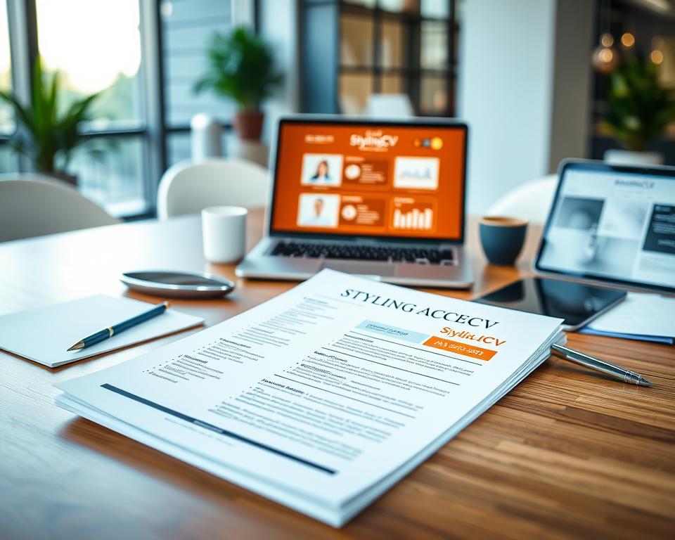 A modern workspace featuring elegant, professional resume templates displayed on a sleek wooden desk, complemented by advanced AI tools such as laptops and tablets with sophisticated digital interfaces. In the foreground, focus on a well-organized resume with clean lines and eye-catching design elements, branded with "StylingCV." The middle ground includes a warm-toned laptop screen showing AI-driven resume optimization software, surrounded by notes and a stylish pen. The background features a softly blurred office environment, with natural light streaming through a large window, creating an inviting atmosphere. The overall mood is professional and innovative, highlighting the intersection of design and technology for job seekers in the Saudi job market. A modern workspace featuring elegant, professional resume templates displayed on a sleek wooden desk, complemented by advanced AI tools such as laptops and tablets with sophisticated digital interfaces. In the foreground, focus on a well-organized resume with clean lines and eye-catching design elements, branded with "StylingCV." The middle ground includes a warm-toned laptop screen showing AI-driven resume optimization software, surrounded by notes and a stylish pen. The background features a softly blurred office environment, with natural light streaming through a large window, creating an inviting atmosphere. The overall mood is professional and innovative, highlighting the intersection of design and technology for job seekers in the Saudi job market.