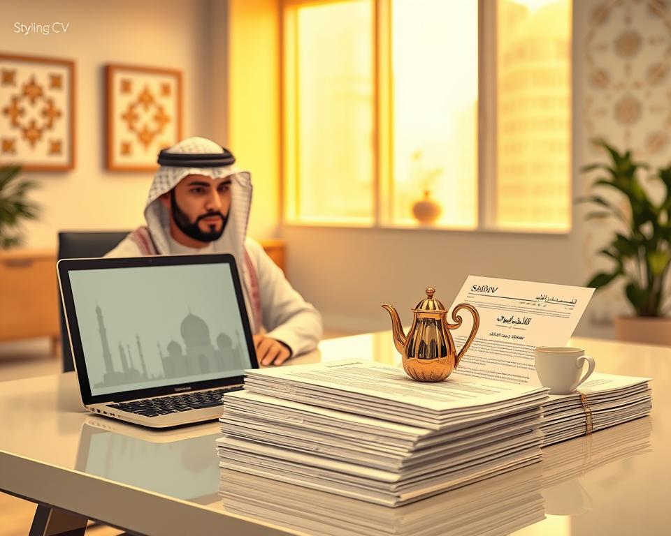 A professional and harmonious scene depicting cultural alignment in Saudi job applications. Foreground features an applicant in traditional yet modern Saudi business attire, sitting at a sleek desk with a laptop open, filled with culturally-appropriate icons (like palm trees and mosques) subtly displayed on the screen. In the middle, a neatly organized stack of resumes with Arabic and English headings, accentuated by a traditional Saudi coffee pot and cups as symbols of hospitality. The background showcases a soft-lit office space with Arabic calligraphy art on the walls and a warm, welcoming ambiance created by golden light streaming through large windows. The atmosphere conveys professionalism and cultural appreciation, suitable for the Saudi job market. Incorporate the brand name "StylingCV" artistically within the composition. A professional and harmonious scene depicting cultural alignment in Saudi job applications. Foreground features an applicant in traditional yet modern Saudi business attire, sitting at a sleek desk with a laptop open, filled with culturally-appropriate icons (like palm trees and mosques) subtly displayed on the screen. In the middle, a neatly organized stack of resumes with Arabic and English headings, accentuated by a traditional Saudi coffee pot and cups as symbols of hospitality. The background showcases a soft-lit office space with Arabic calligraphy art on the walls and a warm, welcoming ambiance created by golden light streaming through large windows. The atmosphere conveys professionalism and cultural appreciation, suitable for the Saudi job market. Incorporate the brand name "StylingCV" artistically within the composition.
