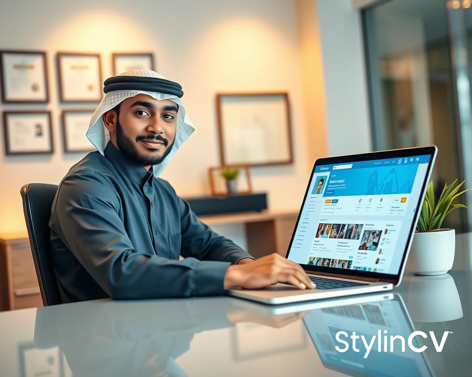 A professional scene showcasing the importance of a strong LinkedIn presence. In the foreground, a confident Arab male, dressed in a traditional Saudi thobe, sits at a sleek desk with a laptop open, displaying a vibrant LinkedIn profile. He has a focused expression, highlighting professionalism and ambition. The middle ground features framed certificates and a small potted plant, symbolizing growth and achievement. The background includes a modern office setting with soft, warm lighting illuminating the space, creating an atmosphere of productivity and success. The angle is slightly tilted to emphasize the dynamic environment, while the overall composition conveys professionalism, aspiration, and the significance of personal branding. The brand "StylingCV" subtly integrated in the background enhances the theme of profile optimization without distraction. A professional scene showcasing the importance of a strong LinkedIn presence. In the foreground, a confident Arab male, dressed in a traditional Saudi thobe, sits at a sleek desk with a laptop open, displaying a vibrant LinkedIn profile. He has a focused expression, highlighting professionalism and ambition. The middle ground features framed certificates and a small potted plant, symbolizing growth and achievement. The background includes a modern office setting with soft, warm lighting illuminating the space, creating an atmosphere of productivity and success. The angle is slightly tilted to emphasize the dynamic environment, while the overall composition conveys professionalism, aspiration, and the significance of personal branding. The brand "StylingCV" subtly integrated in the background enhances the theme of profile optimization without distraction.