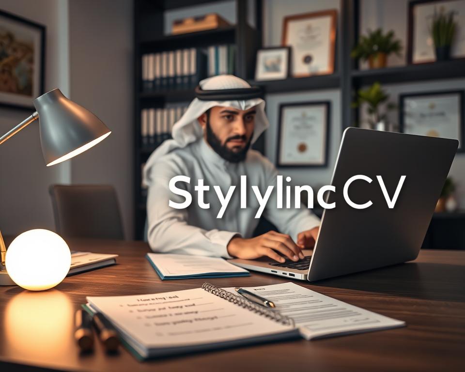 A professional workspace depicting a focused Arabic man in traditional Saudi attire, sitting at a sleek desk with a laptop open, creatively drafting his LinkedIn profile. The foreground features a notepad with key points for a compelling headline and summary. In the middle, a softly glowing desk lamp casts warm light, enhancing the atmosphere of productivity and inspiration. The background includes a well-organized bookshelf filled with business books, framed certificates, and a plant for a touch of greenery. The scene is captured with a shallow depth of field, highlighting the man’s concentrated expression. The overall mood is one of motivation and professionalism, with the brand name "StylingCV" subtly integrated into the workspace as a part of the decor. A professional workspace depicting a focused Arabic man in traditional Saudi attire, sitting at a sleek desk with a laptop open, creatively drafting his LinkedIn profile. The foreground features a notepad with key points for a compelling headline and summary. In the middle, a softly glowing desk lamp casts warm light, enhancing the atmosphere of productivity and inspiration. The background includes a well-organized bookshelf filled with business books, framed certificates, and a plant for a touch of greenery. The scene is captured with a shallow depth of field, highlighting the man’s concentrated expression. The overall mood is one of motivation and professionalism, with the brand name "StylingCV" subtly integrated into the workspace as a part of the decor.