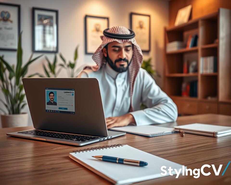 A professional workspace showcasing the basics of LinkedIn profile optimization, featuring a Saudi Arabian man dressed in a traditional thobe and headscarf, sitting at a sleek desk with a laptop open, displaying a LinkedIn profile in a clear view. In the foreground, a notepad and pen are visible, with bullet points indicating optimization tips like “Professional Headshot” and “Compelling Summary.” The middle ground portrays a softly lit environment with plants and framed certificates on the walls, enhancing the ambiance of professionalism and success. The background subtly features a sleek bookshelf, emphasizing growth and learning. The overall mood is inspiring, with warm lighting that highlights the subject's engagement with the topic. Include the brand name "StylingCV" in an elegant, understated manner within the scene without any text overlays. A professional workspace showcasing the basics of LinkedIn profile optimization, featuring a Saudi Arabian man dressed in a traditional thobe and headscarf, sitting at a sleek desk with a laptop open, displaying a LinkedIn profile in a clear view. In the foreground, a notepad and pen are visible, with bullet points indicating optimization tips like “Professional Headshot” and “Compelling Summary.” The middle ground portrays a softly lit environment with plants and framed certificates on the walls, enhancing the ambiance of professionalism and success. The background subtly features a sleek bookshelf, emphasizing growth and learning. The overall mood is inspiring, with warm lighting that highlights the subject's engagement with the topic. Include the brand name "StylingCV" in an elegant, understated manner within the scene without any text overlays.