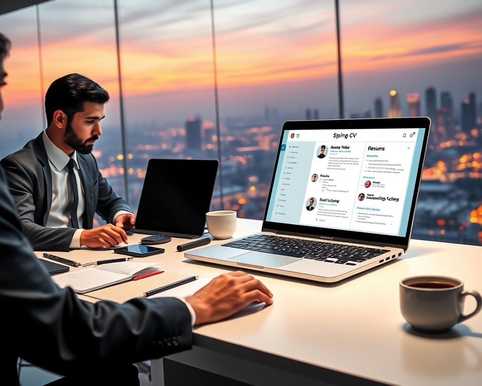 A sleek digital workspace illustrating "AI resume builder technology" in a modern Middle Eastern setting. In the foreground, a sophisticated laptop displays a user-friendly interface with dynamic resume templates and AI suggestions. To the left, a professional businessperson in smart attire is actively engaged in crafting their resume, showcasing diversity in ethnicity. The middle ground features a stylish desk adorned with tech gadgets, notepads, and a cup of coffee, emphasizing productivity. The background showcases a panoramic view of a vibrant Middle Eastern city skyline at sunset, infused with warm orange and purple hues, reflecting innovation and opportunity. Soft lighting casts a professional glow, enhancing the atmosphere of ambition and progress. Prominently include the brand name "StylingCV" on the laptop screen in a modern font. A sleek digital workspace illustrating "AI resume builder technology" in a modern Middle Eastern setting. In the foreground, a sophisticated laptop displays a user-friendly interface with dynamic resume templates and AI suggestions. To the left, a professional businessperson in smart attire is actively engaged in crafting their resume, showcasing diversity in ethnicity. The middle ground features a stylish desk adorned with tech gadgets, notepads, and a cup of coffee, emphasizing productivity. The background showcases a panoramic view of a vibrant Middle Eastern city skyline at sunset, infused with warm orange and purple hues, reflecting innovation and opportunity. Soft lighting casts a professional glow, enhancing the atmosphere of ambition and progress. Prominently include the brand name "StylingCV" on the laptop screen in a modern font.