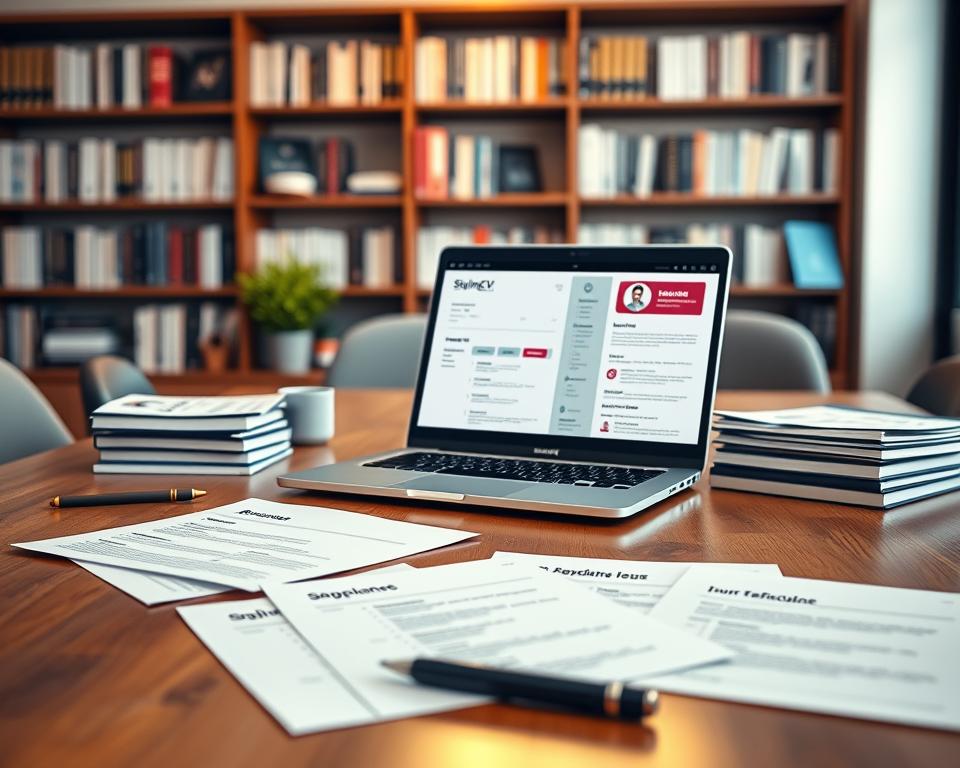 A visually appealing workspace featuring a variety of modern resume templates and advanced AI tools in action. In the foreground, showcase a sleek laptop displaying a stylish resume template from "StylingCV", with its vibrant colors and clean layout. Surround it with high-quality printed templates scattered across a polished wooden desk. In the middle, include professional stationery items like a notepad and a pen, conveying a sense of organization and creativity. The background should depict a softly lit office environment with a blurred bookshelf filled with career-related books, evoking a mood of professionalism and aspiration. Utilize warm, natural lighting to create an inviting atmosphere. The angle should be slightly tilted to give depth, focusing on the laptop and resume templates while capturing the essence of career development and optimization tools. A visually appealing workspace featuring a variety of modern resume templates and advanced AI tools in action. In the foreground, showcase a sleek laptop displaying a stylish resume template from "StylingCV", with its vibrant colors and clean layout. Surround it with high-quality printed templates scattered across a polished wooden desk. In the middle, include professional stationery items like a notepad and a pen, conveying a sense of organization and creativity. The background should depict a softly lit office environment with a blurred bookshelf filled with career-related books, evoking a mood of professionalism and aspiration. Utilize warm, natural lighting to create an inviting atmosphere. The angle should be slightly tilted to give depth, focusing on the laptop and resume templates while capturing the essence of career development and optimization tools.