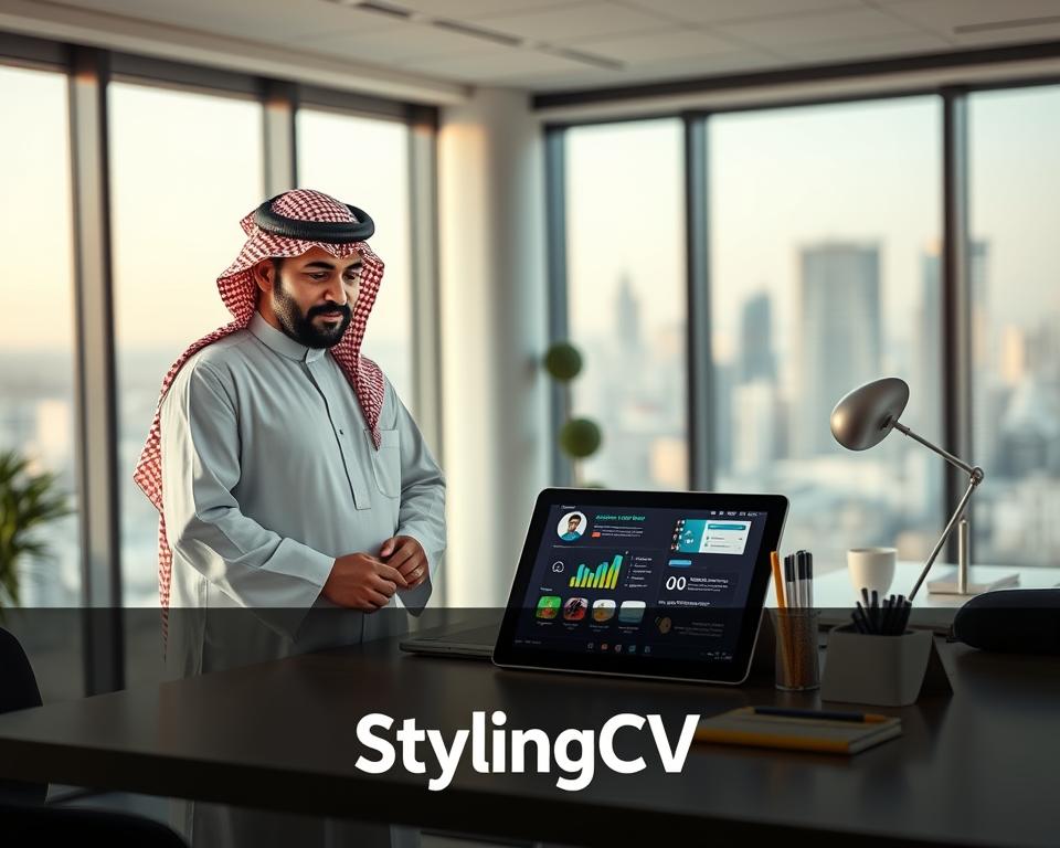 A well-composed image showcasing professional profile visual elements tailored for Arabic professionals. In the foreground, a middle-aged man wearing traditional Saudi Arabian attire, the "thobe" and "ghutrah," stands confidently while interacting with a sleek laptop displaying vibrant visual elements like graphs and icons. In the middle ground, an elegant, modern workspace features a stylish desk with neatly organized stationery and a digital tablet showcasing optimized profile visuals. Soft, natural light filters through large windows in the background, creating an inviting atmosphere. A blurred cityscape can be seen outside, emphasizing professionalism. The overall mood is one of empowerment and sophistication, reflecting the importance of visual appeal in professional profiles. The brand name "StylingCV" subtly integrated within the workspace design, reinforcing the theme of profile enhancement. A well-composed image showcasing professional profile visual elements tailored for Arabic professionals. In the foreground, a middle-aged man wearing traditional Saudi Arabian attire, the "thobe" and "ghutrah," stands confidently while interacting with a sleek laptop displaying vibrant visual elements like graphs and icons. In the middle ground, an elegant, modern workspace features a stylish desk with neatly organized stationery and a digital tablet showcasing optimized profile visuals. Soft, natural light filters through large windows in the background, creating an inviting atmosphere. A blurred cityscape can be seen outside, emphasizing professionalism. The overall mood is one of empowerment and sophistication, reflecting the importance of visual appeal in professional profiles. The brand name "StylingCV" subtly integrated within the workspace design, reinforcing the theme of profile enhancement.