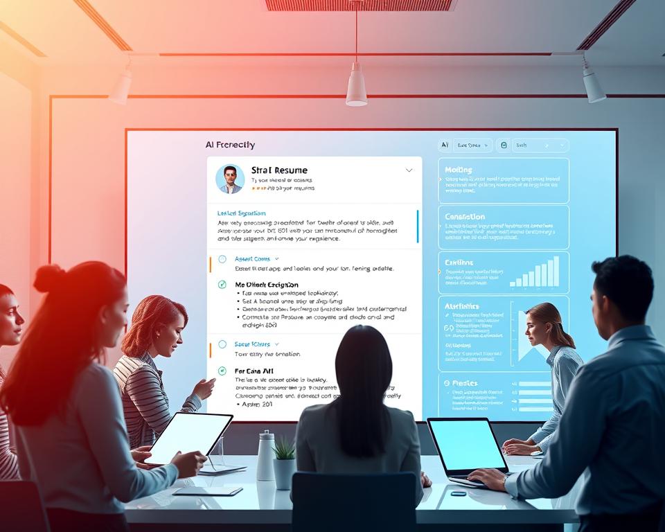 A professional-looking AI-powered resume builder platform, set against a clean, minimalist office backdrop. In the foreground, a diverse group of job seekers interacts with the futuristic interface, customizing their resumes with AI-suggested skills and experience. The middle ground showcases a seamless workflow, with AI algorithms analyzing job descriptions and optimizing candidate profiles. In the background, a towering skyscraper symbolizes the career opportunities unlocked by this advanced resume tool. Warm, diffused lighting creates a sense of innovation and progress, reflecting the transformative power of AI in the job market of 2025.