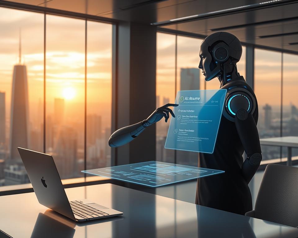 A futuristic office scene with an AI-powered resume writing assistant at the center. In the foreground, an elegant humanoid AI agent gestures towards a holographic display, guiding a job seeker through resume customization. The middle ground features a sleek, minimalist workspace with floating interface panels. In the background, a panoramic city skyline with towering glass skyscrapers is visible through large windows, bathed in the warm glow of sunset. The lighting is soft and directional, creating dramatic shadows that accentuate the technological elements. The mood is one of productive collaboration, as the AI seamlessly assists the human in crafting the perfect, tailored resume for the job market of 2025.