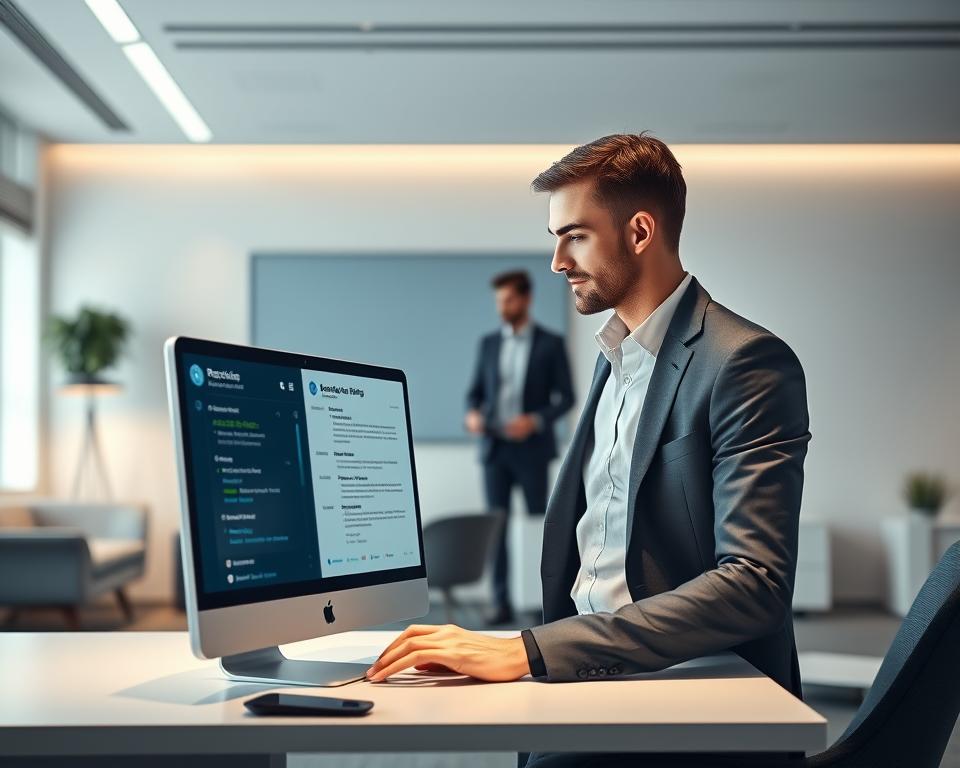 A sleek, modern office setting with a minimalist aesthetic. In the foreground, a state-of-the-art AI-powered resume builder software interface, its intuitive design and intelligent algorithms prominently displayed. In the middle ground, a professional, well-dressed individual intently interacting with the resume builder, their resume taking shape on the screen. The background features contemporary office furnishings, clean lines, and muted tones, creating a polished, futuristic atmosphere. Soft, directional lighting casts a warm, productive glow, emphasizing the advanced technology and the individual's focused engagement with the resume-building process.