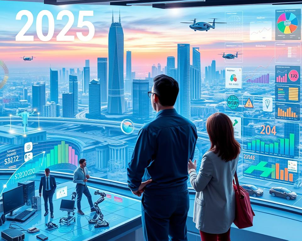 A vibrant, forward-looking image of the 2025 job market trends. In the foreground, a diverse group of professionals - engineers, designers, data analysts, and entrepreneurs - collaborate at a sleek, futuristic workspace. Holographic displays, touchscreens, and advanced robotics suggest a highly automated, technology-driven work environment. In the middle ground, a panoramic cityscape with towering skyscrapers and hover-cars reflects the rapid advancement of urban infrastructure and transportation. The background depicts a colorful, data-driven visualization, with graphs, charts, and infographics highlighting key trends - the rise of remote work, the growth of the gig economy, the increasing demand for AI and cybersecurity skills, and the emphasis on green, sustainable industries. The image conveys a sense of innovation, interconnectedness, and the transformative impact of emerging technologies on the future job market.
