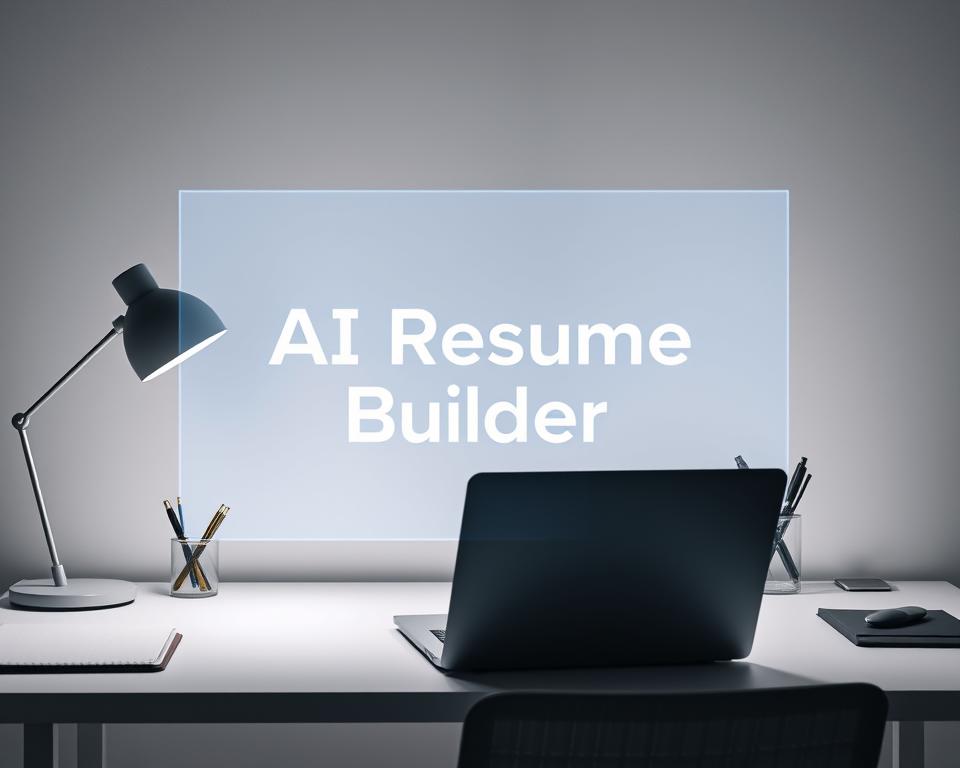 A sleek, modern office desk with a laptop, a stylish pen holder, and a minimalist lamp against a clean, white background. In the foreground, a holographic display projects the words "AI Resume Builder" in a crisp, futuristic font, casting a soft glow on the workspace. The lighting is subtle, creating a sense of focus and professionalism. The overall atmosphere is one of efficiency, intelligence, and technological innovation, reflecting the power of AI-driven tools to enhance the job application process.