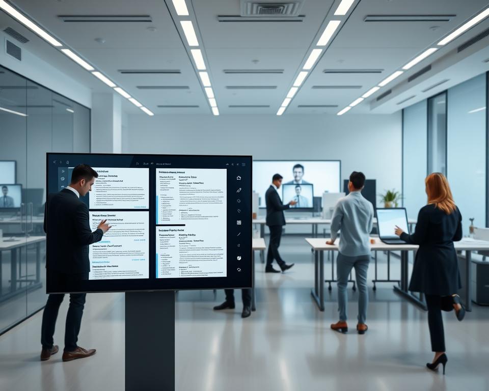 A sleek and modern office setting, with AI-powered resume builders taking center stage. In the foreground, a digital display showcases a series of resumes, each meticulously crafted using advanced language models and optimization algorithms. In the middle ground, professionals intently navigate the intuitive interfaces of these AI-driven tools, refining their job-seeking materials. The background features a minimalist workspace, filled with clean lines, subtle lighting, and a sense of technological innovation. The overall atmosphere conveys the power of AI to revolutionize the resume-writing process, streamlining and elevating the job search experience.