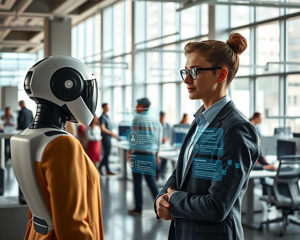 A bustling office scene, illuminated by natural light filtering through large windows. In the foreground, a sleek AI assistant guides a job applicant through the digital resume submission process, their interactions displayed on a holographic interface. The applicant, dressed professionally, appears confident as they review and refine their application materials with the AI's suggestions. In the middle ground, other applicants wait their turn, some engaged with their own AI assistants. The background reveals a modern, minimalist workspace, with desks and workstations arranged in an open, collaborative layout. An atmosphere of efficiency and technological integration pervades the scene, capturing the role of AI in shaping the job market of the future.