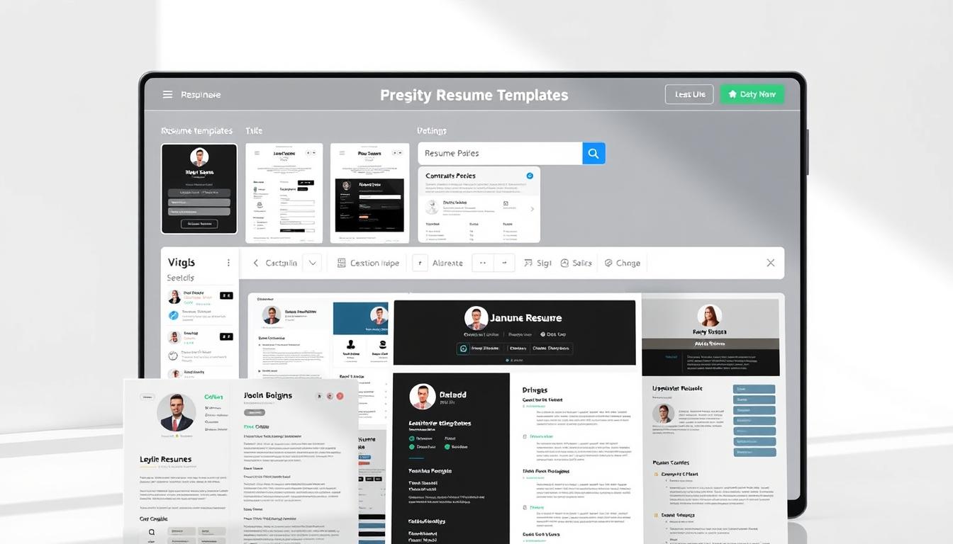 Uma interface de criação de currículos moderna e bem concebida, com uma variedade de opções de modelos personalizáveis apresentadas de forma proeminente. O primeiro plano apresenta uma variedade de modelos de currículo em diferentes estilos e esquemas, permitindo ao utilizador navegar facilmente e selecionar o que melhor se adequa às suas necessidades. O meio apresenta ferramentas de edição intuitivas e opções para personalizar o modelo, tais como carregar uma fotografia, alterar estilos de letra e reorganizar secções. O fundo tem uma estética subtil e minimalista com linhas simples e uma paleta de cores suaves e calmantes para criar uma atmosfera profissional e convidativa. A iluminação natural e brilhante ilumina a cena, realçando a flexibilidade e a facilidade de utilização do criador de currículos.