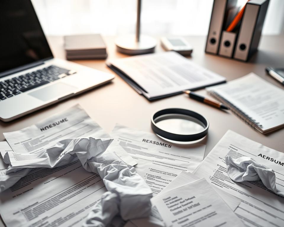 Un bureau bien organisé avec un ordinateur portable, des documents et des outils d'écriture. Au premier plan, plusieurs CV froissés représentent des erreurs courantes, telles que des fautes de frappe, des informations non pertinentes et une mauvaise mise en forme. Au milieu, une loupe symbolise l'examen minutieux des candidatures par les employeurs. L'arrière-plan présente un espace de travail épuré et minimaliste, éclairé par une lumière douce et chaleureuse, qui donne une impression de professionnalisme et d'attention aux détails. L'ensemble de la scène souligne l'importance de rédiger un CV impeccable et convaincant pour se démarquer sur un marché de l'emploi concurrentiel.