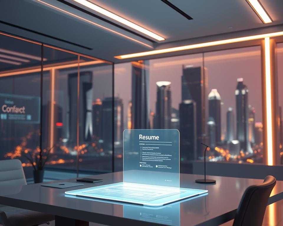 A futuristic office setting, bathed in a soft, warm glow from overhead lighting. In the foreground, a modern desk with a sleek, holographic interface displays a dynamic resume, curated by an advanced AI assistant. Elegant, minimalist design elements accent the scene, conveying a sense of efficiency and innovation. In the background, a cityscape of towering skyscrapers and glowing holograms suggests a thriving, technologically-advanced metropolis. The mood is one of progress, sophistication, and the seamless integration of human and artificial intelligence in the realm of career advancement.
