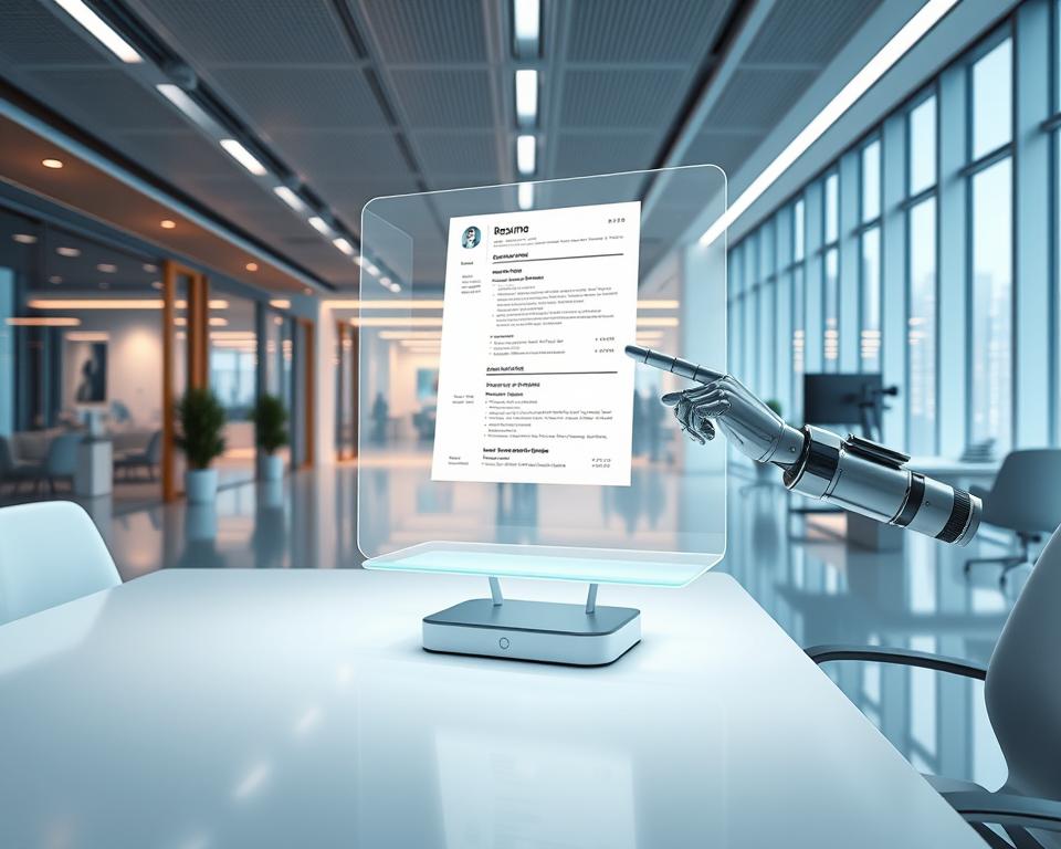 A high-resolution, meticulously detailed rendering of a futuristic workspace in 2025, showcasing a holographic display analyzing a digital resume. The foreground features a sleek, minimalist desk with a hovering, transparent interface displaying a resume document. In the middle ground, a bionic arm manipulates the resume with gesture controls, highlighting key sections and data points. The background depicts a panoramic view of a gleaming, high-tech office environment with floor-to-ceiling windows, ambient lighting, and a subtle, chromatic color palette. The overall scene conveys a sense of innovation, efficiency, and the seamless integration of AI-driven resume analysis into the future of work.