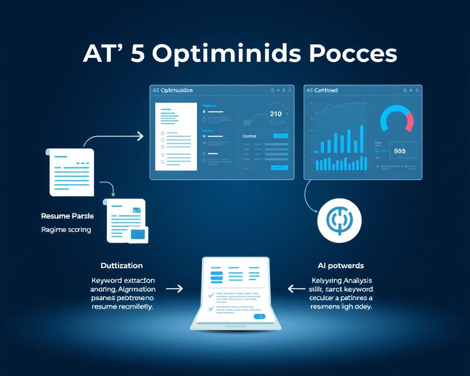 A detailed technical illustration of the ATS Optimization Process. The foreground depicts the key steps involved - resume parsing, keyword extraction, and scoring. The middle ground showcases an AI-powered analysis of job requirements, highlighting relevant skills and keywords. In the background, a data visualization dashboard tracks optimization progress and performance metrics. Rendered in a clean, minimalist style with a cool, professional color palette. Crisp lighting creates depth and emphasizes the technical nature of the process. The overall composition conveys the importance of strategic ATS optimization for enhancing one's resume and job prospects.