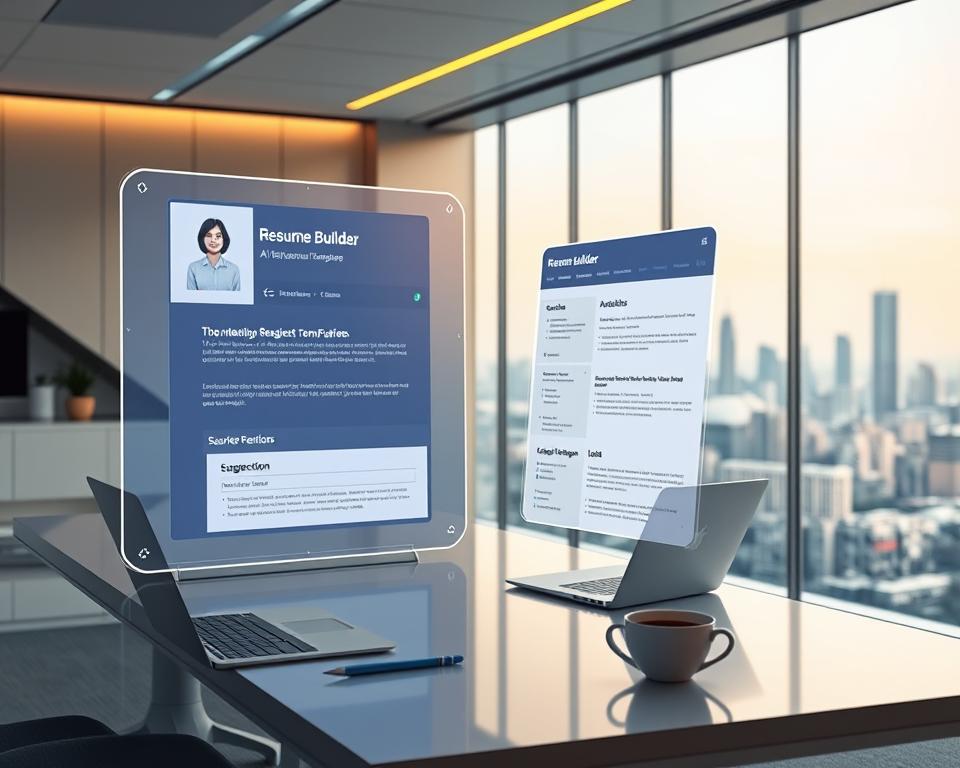 एक आकर्षक, न्यूनतम डिजाइन के साथ एक भविष्यवादी कार्यालय सेटिंग। अग्रभूमि में, एक AI-संचालित रिज्यूमे बिल्डर एप्लिकेशन एक बड़ी होलोग्राफिक स्क्रीन पर प्रदर्शित होता है, जो बुद्धिमान सुझावों और फ़ॉर्मेटिंग टूल के साथ एक अनुकूलन योग्य रिज्यूमे टेम्पलेट प्रदर्शित करता है। बीच की जमीन पर एक डेस्क है जिसमें एक लैपटॉप, पेन और एक कप कॉफी है, जो रिज्यूमे लिखने की प्रक्रिया में मानव और कृत्रिम बुद्धिमत्ता के सहज एकीकरण का संकेत देता है। पृष्ठभूमि में एक आधुनिक शहर के क्षितिज का एक मनोरम दृश्य दर्शाया गया है, जो इन AI-संचालित रिज्यूमे समाधानों की वैश्विक पहुँच और पहुँच का प्रतीक है। गर्म, प्राकृतिक प्रकाश एक सूक्ष्म चमक डालता है, जो दक्षता और उत्पादकता की भावना पैदा करता है। समग्र मूड नवाचार, सशक्तिकरण और नौकरी के आवेदनों के भविष्य में से एक है।