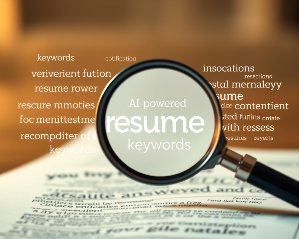 A meticulously crafted resume featuring an array of impactful keywords, artfully arranged against a soft, blurred background. The keywords float in a warm, golden light, conveying their essential value. In the middle ground, an AI-powered magnifying glass examines the text, emphasizing the importance of optimizing resume content with strategic terminology. The overall composition suggests the transformative power of thoughtfully selected resume keywords in securing one's professional future.