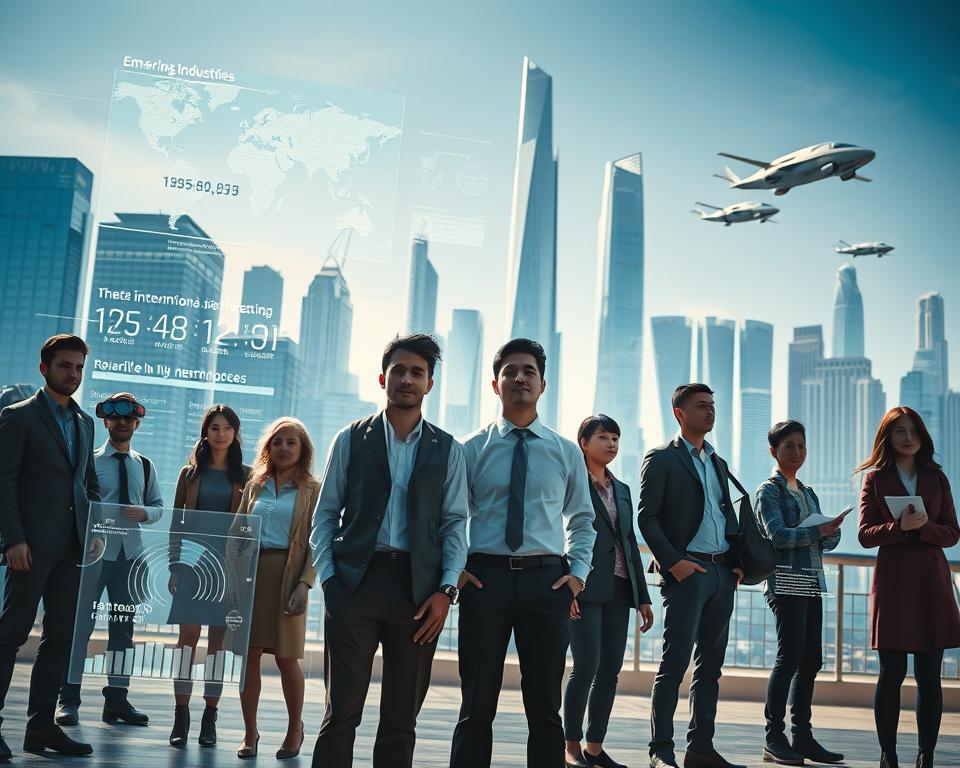 A dramatic, cinematic scene depicting the key trends of the 2025 job market. In the foreground, a diverse group of professionals - engineers, creatives, entrepreneurs - stand amidst a futuristic cityscape, expressing a sense of anticipation and opportunity. The middle ground features dynamic data visualizations and holographic projections, showcasing emerging industries, skills in high demand, and evolving workplace dynamics. In the background, a sleek, gleaming skyline with towering skyscrapers and hovering vehicles points to the technological advancements transforming the nature of work. The lighting is crisp and cool, emphasizing the clean, innovative aesthetic. Shot with a wide-angle lens to capture the scope and scale of the 2025 job landscape.