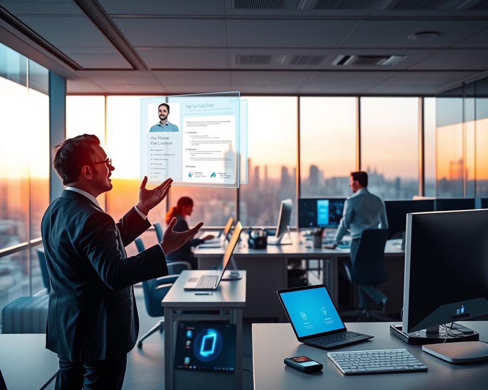 A sleek, modern office scene with an array of smart devices and AI-powered software on desks and computer screens. In the foreground, a person in a crisp suit reviews a holographic resume, gesturing with their hands as a sophisticated AI assistant provides personalized recommendations. The middle ground features several individuals engaged with futuristic resume-building tools, their faces illuminated by the glow of the screens. In the background, a panoramic city skyline is visible through floor-to-ceiling windows, bathed in the warm glow of a golden hour sunset. The overall atmosphere is one of efficiency, innovation, and a glimpse into the future of resume writing powered by artificial intelligence.