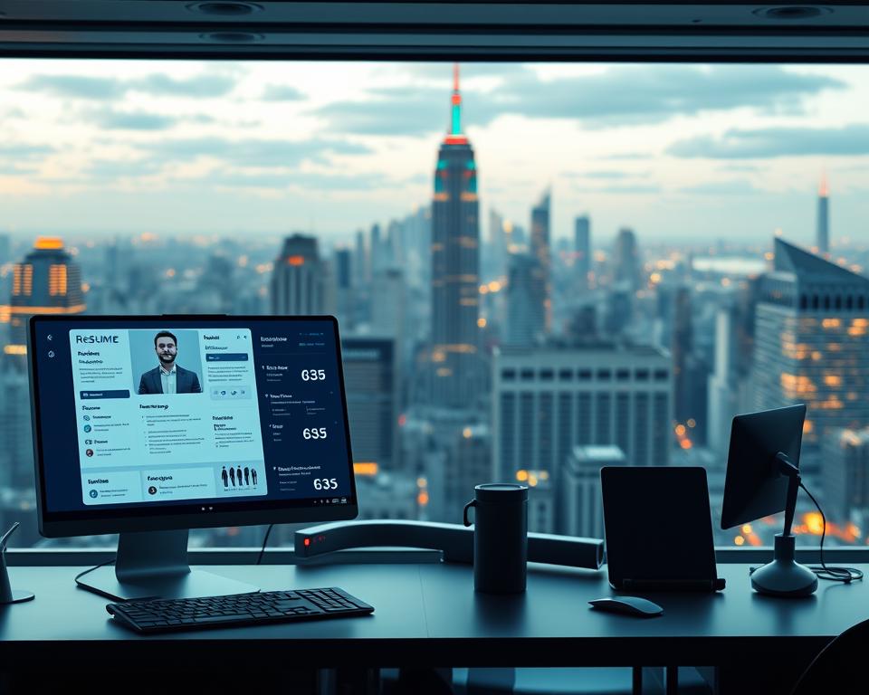 Un espace de travail numérique illustrant la puissance de la création de CV par l'IA en 2025. Au premier plan, une interface élégante et intuitive affiche des modèles de CV personnalisés, des évaluations de compétences et des recommandations de recherche d'emploi. Au centre, des assistants virtuels offrent un retour d'information et des conseils en temps réel, en intégrant de manière transparente l'historique professionnel et les réalisations de l'utilisateur. L'arrière-plan présente un paysage urbain dynamique, qui fait allusion au paysage technologique et économique plus large qui a transformé le marché de l'emploi. Un éclairage doux et une palette de couleurs froides donnent une impression d'efficacité, d'innovation et de préparation à l'avenir.