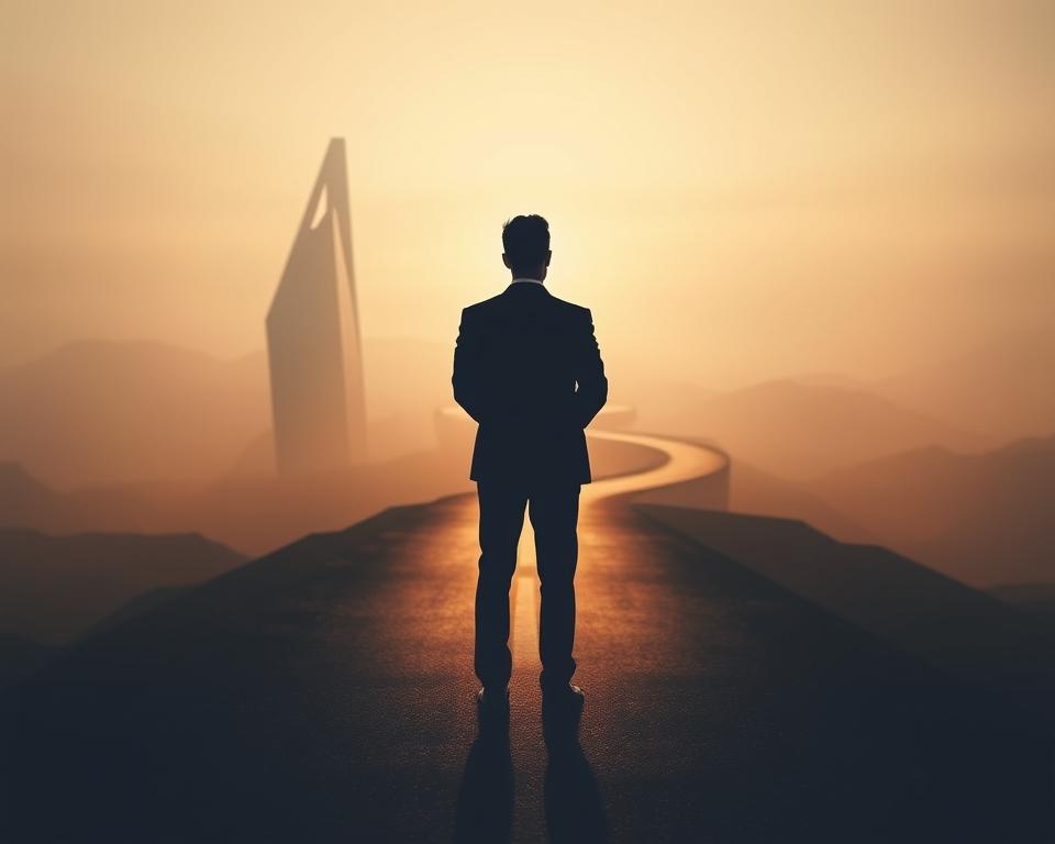 A professional individual standing at a crossroads, contemplating their career path. In the foreground, a sharp silhouette of the person, backlit by a warm glow, casting a long shadow that stretches into the distance. In the middle ground, a metaphorical landscape of opportunities and challenges, represented by a winding road leading into the unknown, surrounded by towering, angular structures symbolizing the modern job market. The background is hazy, shrouded in a muted, introspective atmosphere, suggesting the uncertainty and complexity of navigating a career transition. Soft, directional lighting illuminates the scene, creating a pensive and thought-provoking mood.