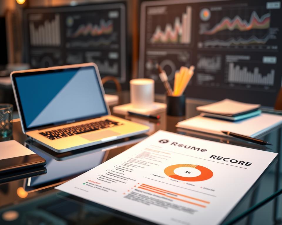 A glass desk with a laptop and various office supplies, illuminated by warm, soft lighting from above. In the foreground, a resume with a prominent score displayed, indicating its importance. The background features abstract data visualizations and charts, subtly hinting at the analytical nature of resume scoring. The overall composition conveys a sense of professional importance and the significance of optimizing one's resume for success.