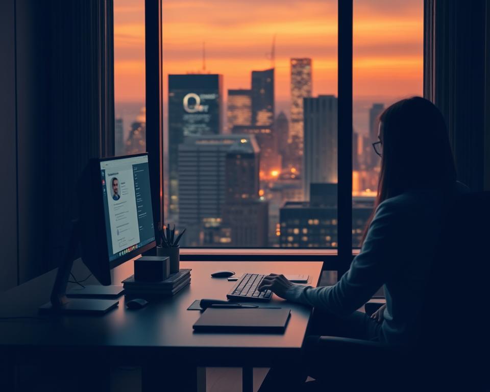 A professional office setting, with a desk and computer workstation in the foreground. In the middle ground, an AI assistant avatar appears, collaborating with a job applicant reviewing a resume on the screen. The background features a cityscape through a window, dimly lit with warm, indirect lighting, conveying a sense of contemplation and focus. The scene should evoke the symbiotic relationship between human and artificial intelligence in the job application process, with the AI providing valuable insights and guidance to the applicant.