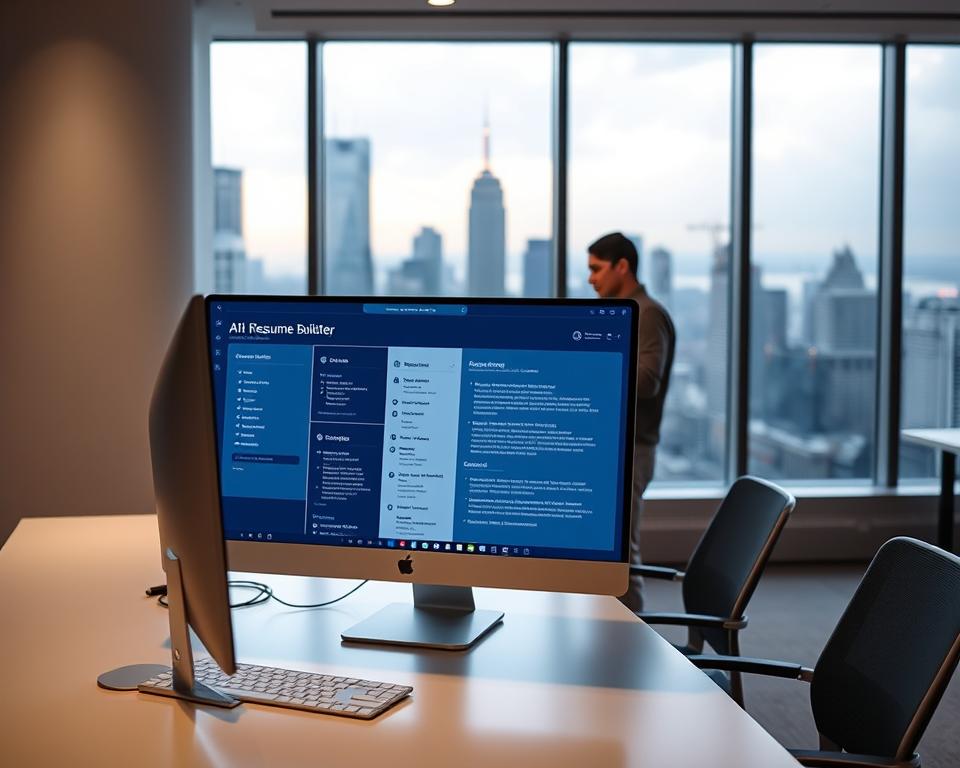 Temiz, minimalist bir estetiğe sahip modern bir ofis ortamı. Ön planda, şık bir masaüstü bilgisayar ve ekranda görüntülenen dijital yapay zeka destekli bir özgeçmiş oluşturucu arayüzüne sahip bir masa. Orta planda, masanın başında duran ve yapay zeka asistanı tarafından yapılan özgeçmiş önerilerini ve optimizasyonlarını dikkatle inceleyen bir profesyonel. Arka planda, yumuşak ve sıcak bir ışıkla yıkanan hareketli bir şehir silüetine bakan büyük pencereler yer alıyor. Genel hava verimlilik, yenilikçilik ve teknolojinin iş arama sürecine kusursuz entegrasyonundan oluşuyor.