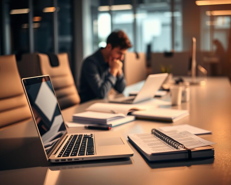 A well-lit office scene, bathed in warm, focused lighting. In the foreground, a laptop and notebook sit on a sleek, minimalist desk, surrounded by carefully arranged job search materials - resumes, cover letters, and carefully curated job listings. In the middle ground, a person leans over the desk, deep in thought, pondering their targeted job search strategy. The background is blurred, but hints at a modern, professional environment - perhaps the silhouettes of office cubicles or a cityscape visible through a window. The overall mood is one of focused determination, with a sense of purposeful organization and attention to detail, reflecting the importance of a targeted approach to the job search process.