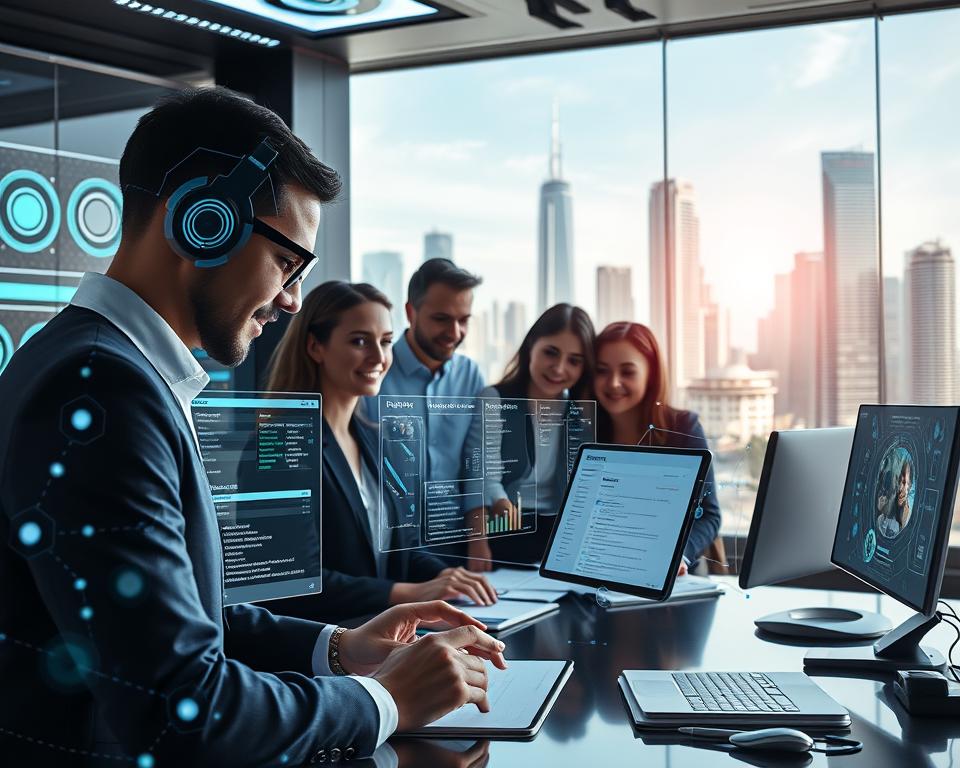 Prompt A futuristic workspace with holographic interfaces and data visualization displays. In the foreground, an AI-powered resume builder software operates seamlessly, analyzing the user's background and dynamically generating a personalized, visually striking resume layout. The middle ground features a group of professionals collaborating on resume optimization, their expressions showcasing the power and convenience of these advanced AI tools. The background depicts a cityscape of gleaming skyscrapers, representing the transformative shift in the job market and the rising prominence of AI-driven career solutions.