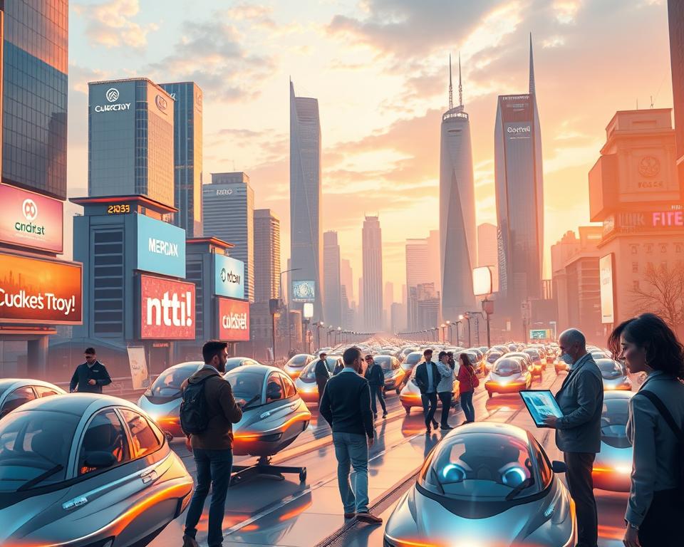A futuristic cityscape illuminated by a warm, golden glow of hover cars and holographic billboards, showcasing the evolving job market of 2025. In the foreground, a diverse group of professionals engage in virtual interviews and exchange data across seamless AR interfaces. The middle ground depicts towering skyscrapers adorned with company logos, symbolizing the rise of tech-driven industries. In the background, a vibrant skyline with sleek, innovative architecture hints at the reshaping of urban landscapes to accommodate emerging job trends. The scene conveys a sense of progress, connectivity, and the transformative potential of the future job market.