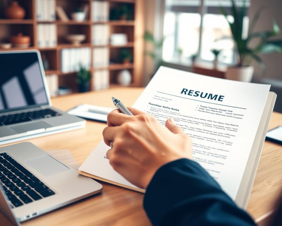 A neatly organized desk with a laptop, pen, and a folder showcasing a freshly tailored resume. In the foreground, a professional-looking person's hand meticulously examining and editing the document. The background features a warm, inviting office setting with bookshelves, plants, and soft, indirect lighting, creating a productive and contemplative atmosphere. The overall scene conveys the importance of carefully crafting and refining one's resume to make the best impression.
