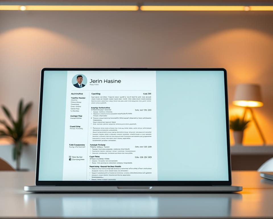 A meticulously designed resume layout with clean typography, balanced white space, and strategic use of color. The foreground features a laptop screen displaying the resume, set against a minimalist office background of neutral tones and simple geometric patterns. Warm, indirect lighting casts a soft glow, emphasizing the professionalism and attention to detail. The overall mood is one of modern elegance and technological sophistication, inviting the viewer to consider the importance of optimizing resume formatting for applicant tracking systems in the era of AI-driven recruitment.