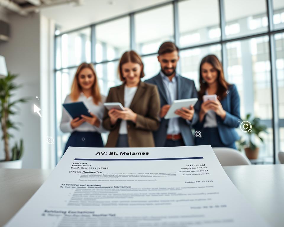 A modern office setting, filled with the benefits of an AI resume builder. In the foreground, a professional-looking resume takes center stage, showcasing clean typography and well-organized sections. Behind it, a group of diverse individuals - a young professional, a mid-career executive, and a recent graduate - all engaged with their digital devices, exploring the AI-powered features that streamline the resume-crafting process. The background is a bright, airy workspace, with large windows allowing natural light to flood the scene. Subtle but impactful visual cues, such as lightning bolt icons or a floating progress bar, suggest the efficiency and intelligence of the AI-driven resume builder. Un cadre de bureau moderne, rempli des avantages d'un générateur de CV IA. Au premier plan, un CV d'aspect professionnel occupe le devant de la scène, avec une typographie claire et des sections bien organisées. Derrière lui, un groupe de personnes diverses - un jeune professionnel, un cadre en milieu de carrière et un jeune diplômé - utilisent tous leurs appareils numériques, explorant les fonctions alimentées par l'IA qui rationalisent le processus de rédaction du CV. L'arrière-plan est un espace de travail lumineux et aéré, avec de grandes fenêtres permettant à la lumière naturelle d'inonder la scène. Des indices visuels subtils mais percutants, tels que des icônes en forme d'éclairs ou une barre de progression flottante, suggèrent l'efficacité et l'intelligence de l'outil de création de CV piloté par l'IA.