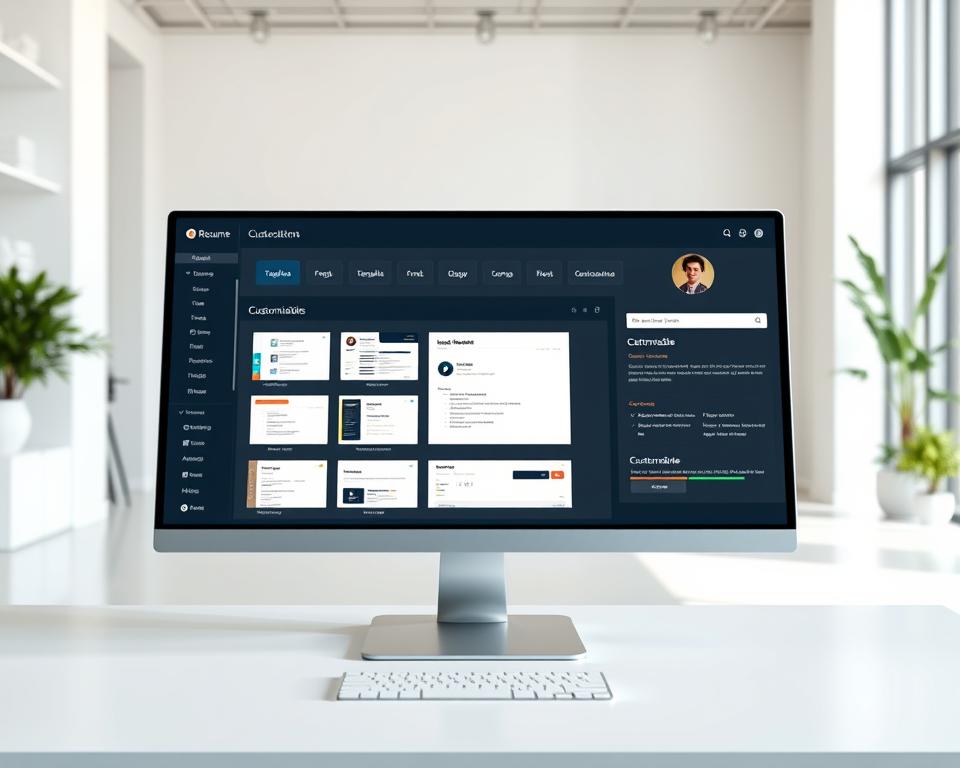 A modern, sleek user interface showcasing the customization options of an AI-powered resume builder. In the foreground, a desktop computer screen displays a range of customizable templates, fonts, and color schemes. The middle ground features a virtual assistant in the form of a friendly AI avatar, guiding the user through the personalization process. The background depicts a minimalist office setting with clean lines, natural lighting, and subtle technological elements, creating a professional and innovative atmosphere. The overall scene conveys the power of AI-driven resume personalization, empowering users to craft a unique and compelling self-presentation. Une interface utilisateur moderne et élégante présentant les options de personnalisation d'un outil de création de CV basé sur l'intelligence artificielle. Au premier plan, l'écran d'un ordinateur de bureau affiche une série de modèles, de polices et de couleurs personnalisables. Au milieu, un assistant virtuel sous la forme d'un avatar IA amical guide l'utilisateur tout au long du processus de personnalisation. L'arrière-plan représente un bureau minimaliste avec des lignes épurées, un éclairage naturel et des éléments technologiques subtils, créant une atmosphère professionnelle et innovante. L'ensemble de la scène illustre la puissance de la personnalisation du CV par l'IA, qui permet aux utilisateurs de créer une présentation unique et convaincante de leur personne.