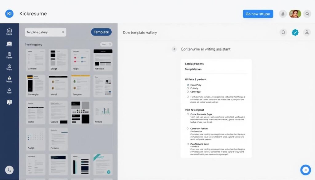 Kickresume AI Resume Writer interface showing template selection and content editing