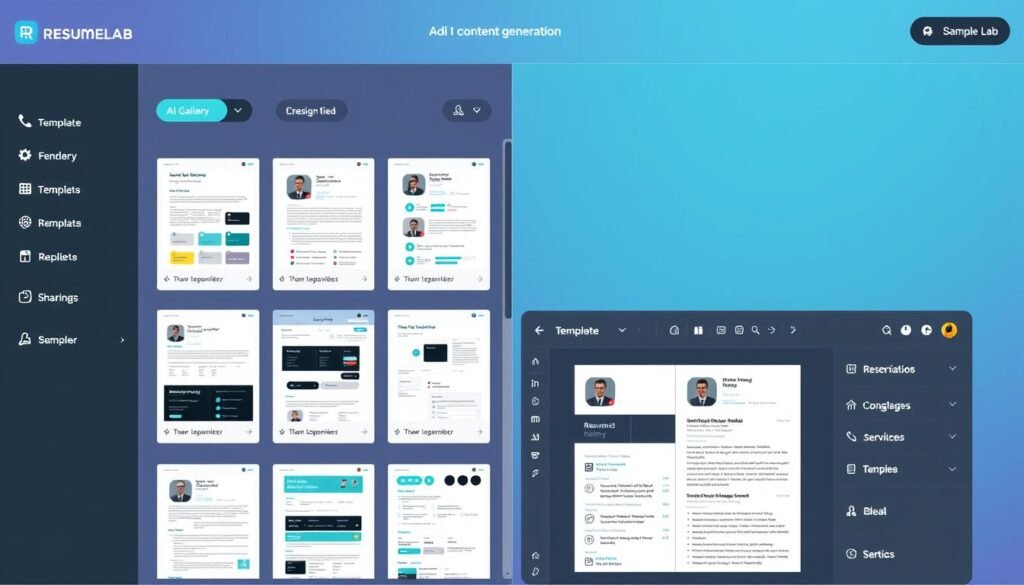ResumeLab AI interface showing template gallery and content generation