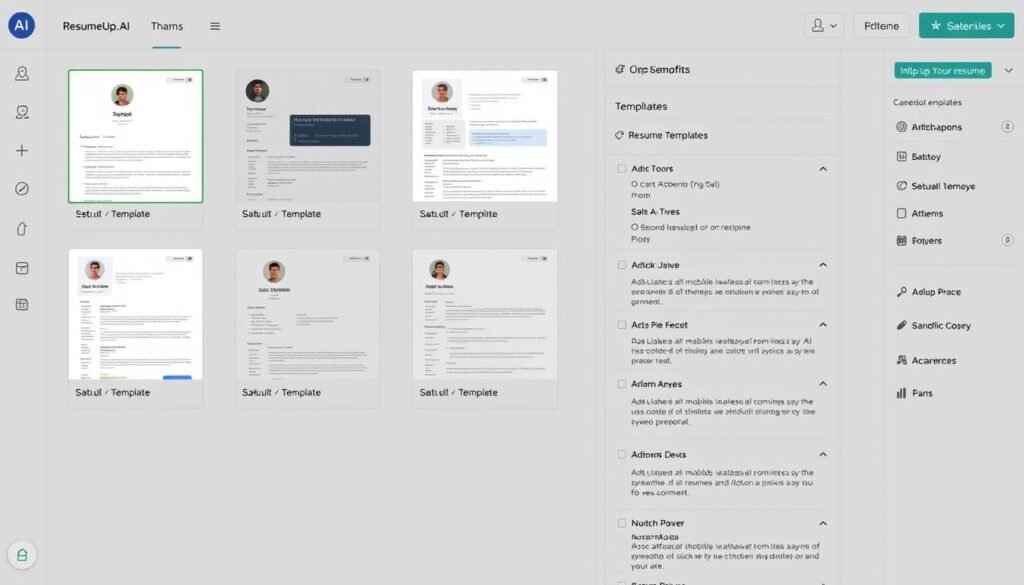 ResumeUp.AI interface showing template selection and AI content generation